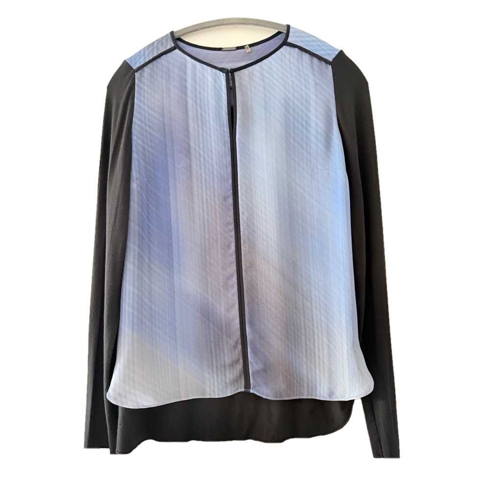 Eli Tahari Blue Gradient Silk Front Top with Black Modal Sleeves - Size Small - Picture 2 of 9